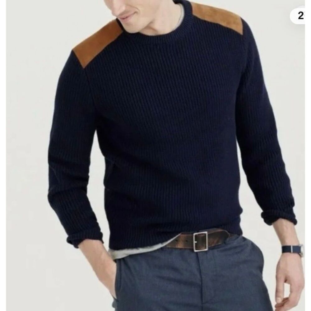 J.Crew Woodsman navy ribbed knit sweater suede shoulder size large tall